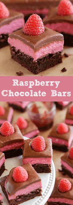 raspberry chocolate bars on a white plate with pink and brown icing in the background