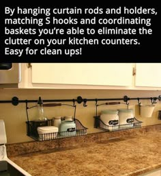 an image of a kitchen counter with pots and pans on the rack above it