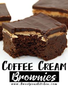 chocolate brownies with peanut butter frosting are stacked on top of each other in front of the words coffee cream brownies