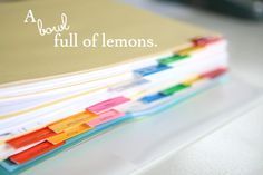 a stack of papers with writing on them that says, a book full of lemons