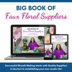 the big book of faux floral supplies is displayed on an open laptop and tablet