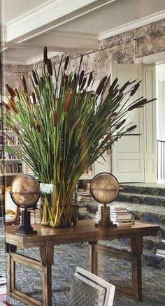 a large plant in a vase on top of a wooden table