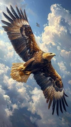 an eagle soaring through the air with clouds in the background