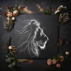 a drawing of a lion surrounded by flowers on a black background with white lines in the middle