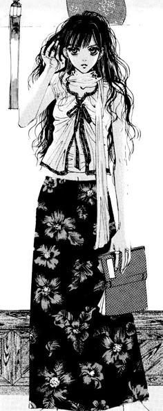 a drawing of a girl with long hair wearing a hat and holding a purse in her hand