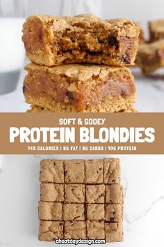 the cover of soft and gooey protein blondies, with text overlaying it