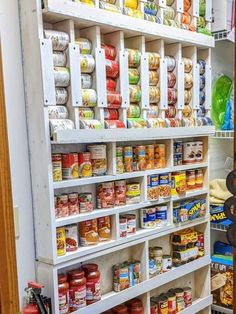 an organized pantry with canned food items on shelves