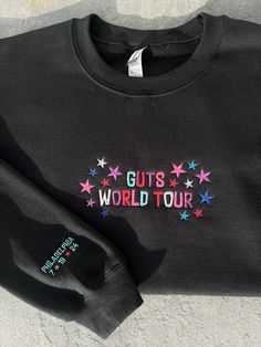 Perfect trendy crewneck for The GUTS World Tour️ 💕Crewnecks come in black, white and Grey SLEEVE PERSONALIZATION IS AN ADDITIONAL ADD ON, and is not included when purchasing this listing. Add it to your cart when purchasing to include this personalization.  AGAIN, sleeve is not included when purchasing this product.  All clothing and accessories from 88Evergreen are handmade-to-order, just for you! 😊 These are made to order so they will take some time- Please consider this when ordering.  Thes Olivia Rodrigo Sweatshirt, Guts World Tour Outfit Ideas, Cute Shirts For School, Guts World Tour Outfits, Olivia Rodrigo Clothes, Guts World Tour, Olivia Rodrigo Outfits Concert, Olivia Concert, Trendy Stuff