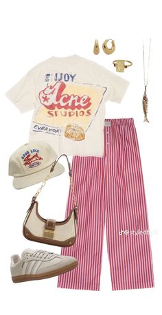 a woman wearing red and white striped pants, t - shirt and hat with accessories