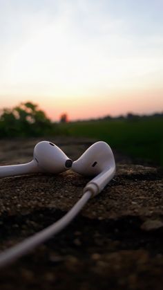 a pair of white headphones laying on the ground in front of a setting sun