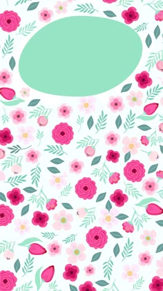 a floral background with pink flowers and green oval frame for text on the bottom right corner