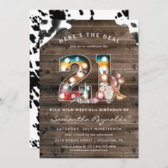 the 21st birthday party card is printed on wood and features an image of a cow