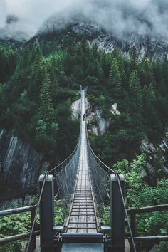 a suspension bridge in the middle of a forest with mountains in the background and clouds overhead