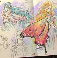 an open book with drawings of two women and a butterfly on the pages, one is colored