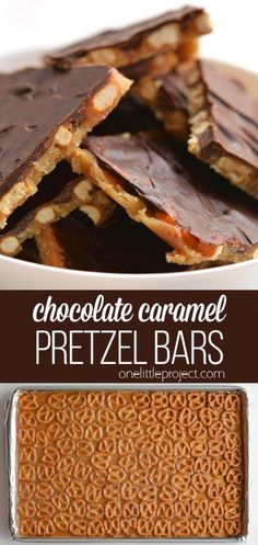 chocolate caramel pretzel bars are stacked on top of each other and ready to be eaten