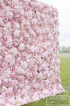 a large pink flower covered wall in the grass