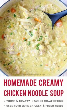 a large pot filled with chicken and dumpling next to a bowl of soup that says homemade creamy