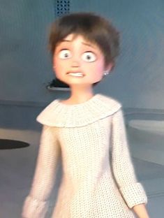 an animated doll wearing a white dress