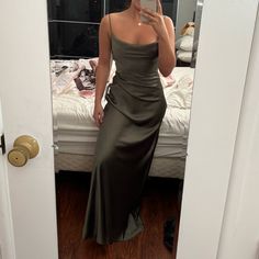 This Was My Maid Of Honor Dress For A Wedding, Size 2. Olive Green Jenny Yoo Maxi Silk Dress. Olive Green Dress Long, Olive Green Maxi Dress, Green Dress Long, Maxi Silk Dress, Formal Event Dresses, Maid Of Honor Dress, Deep Olive Green, Olive Green Dress, Dress For A Wedding