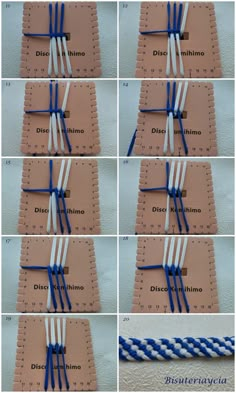 the instructions for how to tie a blue and white rope around a square piece of paper