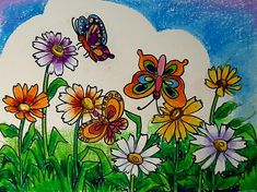 a painting of colorful flowers and butterflies in the grass