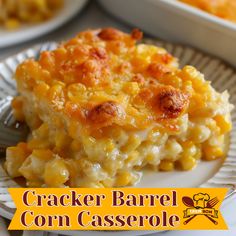 a close up of a plate of food with the words cracker barrel corn casserole