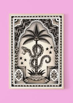 an intricately designed card with a snake on it's back and palm trees in the background