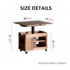 an image of a table with wheels on it and the measurements for each item in front