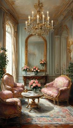 a living room filled with furniture and a chandelier