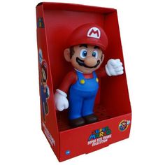 an action figure in a red box with mario's head on top and arms out