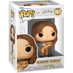 a pop vinyl figure in a box with an orange cat on her lap and the caption's name