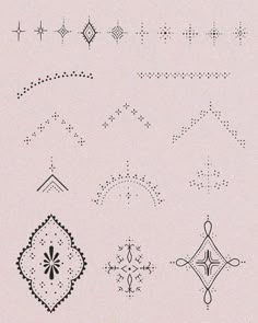 an assortment of ornamental designs on a beige background with black dots in the shape of stars