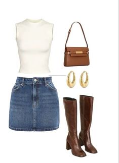 Fall outfit idea, high boots idea, gold hoop earrings idea, brown outfit idea, denim skirt idea, fashion trends, NYC girl idea, main girl vibe idea, Kendall Jenner look idea, Gigi Hadid look idea, collage fall idea, for 2024. Sade Outfits, Stile Casual Chic, فستان سهرة, Outfit Inspo Fall, Mode Vintage