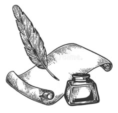 hand drawn ink pen and inkwell with feather quill