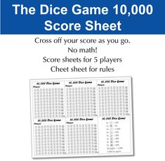 the dice game 10, 000 score sheet