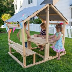 "Funphix Kids Klubhouse gets toddlers excited about creating something with their hands – something they can play in and feel proud of. The kit includes all the parts your little construction worker needs to build a multipurpose, indoor/outdoor playhouse. The house is easy to assemble and take apart and is sturdy for safe playtimes. With a table and 2 benches inside, kids have somewhere to draw, craft, read, or chat with their friends. Remove the table to create more playing space, and let your Pallet Kids, Outdoor Playhouse, Table And Benches, Kids Bench, Backyard Playhouse, Playhouse Outdoor, Wooden Playhouse, Backyard Play, Kids Area