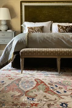 A handmade Afghan rug in a stunning bedroom. English Countryside Style, Contemporary Color Palette, Style Bedroom, Bedroom Green, Classic Rugs, Main Bedroom, Home Design Plans, Portobello, Headboards