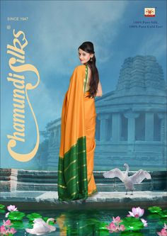 The auspicious colour of pure saffron touched with pure gold zari and green makes this truly divine wear! Pure Products