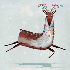 a painting of a deer with christmas lights on its head and antlers hanging from it's neck