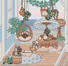 a living room filled with lots of furniture and potted plants