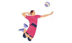 a man in pink shirt and blue shorts playing with a ball on white background illustration