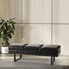 a black leather bench in front of a wooden wall with a potted plant on it