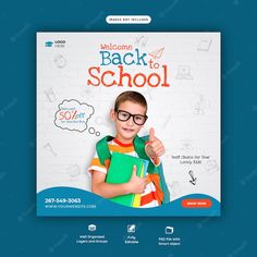 the back to school flyer is shown with a boy wearing glasses and holding a book