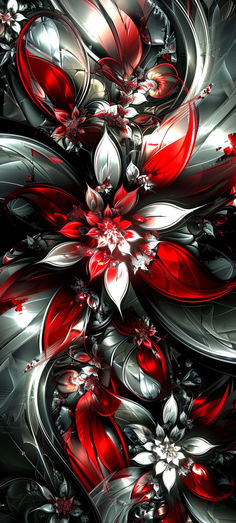 an abstract red and silver background with flowers