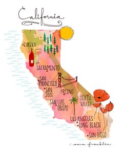 the california map is shown in watercolor and ink