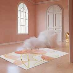 a white dog laying on the floor in front of a pink room with arched windows