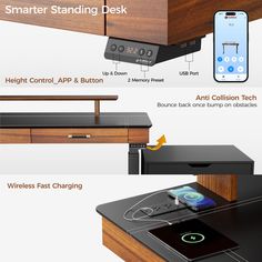 an info sheet describing the features and functions of a smart phone charging station on a desk