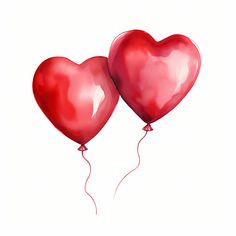 two red heart shaped balloons floating in the air