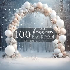 a snow covered forest filled with balloons in the air and on top of it is an arch that reads, 100 balloon backdrop