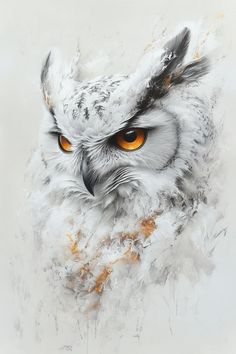 an owl with orange eyes is shown in this painting